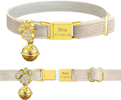 Personalized Breakaway Cat Collars - Magnetic Buckle, Bell - Safety Quick Release, Customized for Girls & Boys Cats- (Velvet-White)