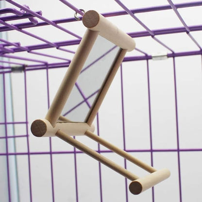 Bird Mirror Wooden Hanging Swing Interactive Play Toys for Small Parrot Budgies Macaw African Grey Parakeet Cockatiel Conure Lovebird Cage Accessories (Bird Mirror Perch Stand-ONE)
