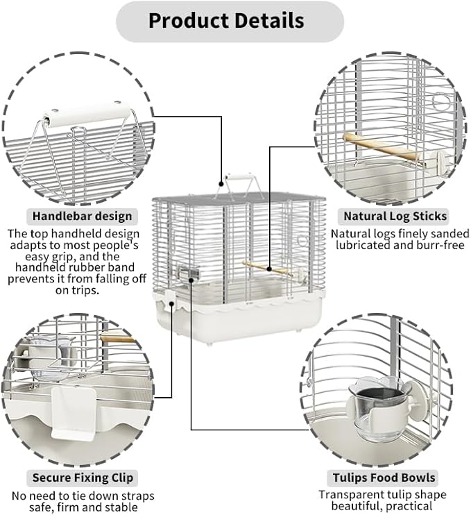 Bird Carrier Travel Cage, Durable Portable Stainless Steel Birdcage with Bird Perch & Feeding Bowl for Parrots Canaries Budgies Lovebirds Conures Cockatiels (Large White)