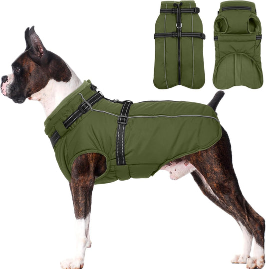 Lelepet Dog Coat for Large Dogs Waterproof Dog Jacket with Harness Built in Reflective Fleece Jacket with Zip Warm Winter Coats for Dogs Thermal Pet Snowsuit for Outdoor, Border Collie, Army Green, XL