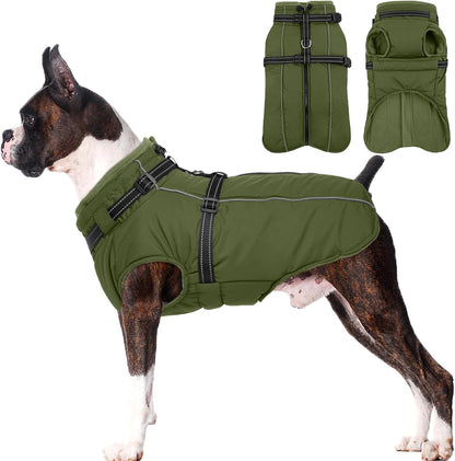 Lelepet Waterproof Dog Jacket with Harness Built in Warm Dog Winter Coat, Reflective Fleece Jacket, Dogs Coats for Lage Dogs, Thermal Pet Snowsuit for Outdoor Walking, French Bulldogs, Army Green, L
