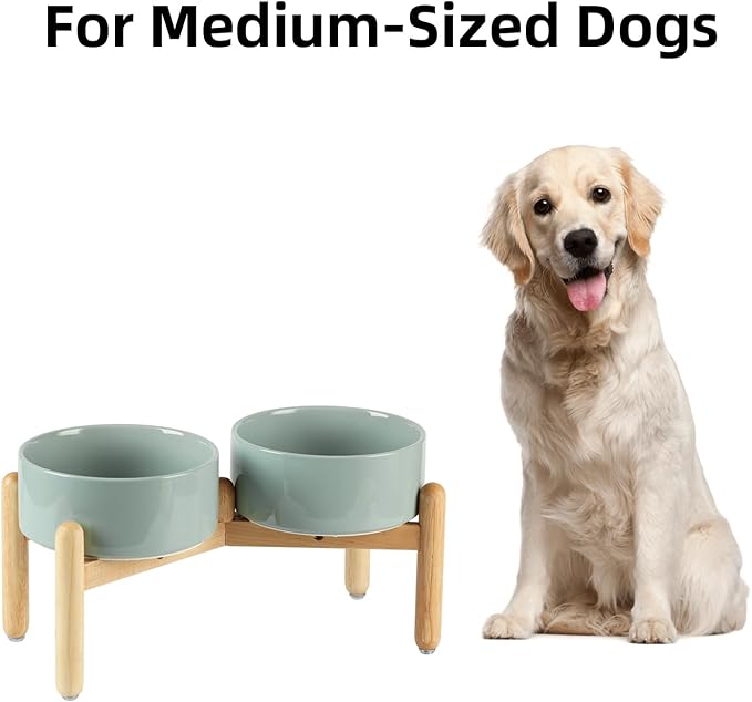 Ceramic 7.3inch Raised Double Bowls Set with Wooden Stand, Food & Water Bowls for Medium Breed Dogs, Weighted Dog Dishes, Pet Feeder(Light Green)