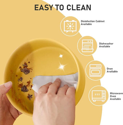 SPUNKYJUNKY 15° Slanted Ceramic Dog and Cat Bowl with Wooden Stand, Tilted Bulldog Food and Water Bowl No Slip Non-Spill for Cats Medium Dogs Big Face Pets 28.7 OZ (3.6 Cups, Yellow × 2)