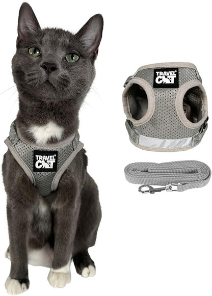 Travel Cat Harness and Leash Set - Adjustable Fit Mesh Cat Harness and Reflective Strap - Comfort Walking Vest for Kitten for Outdoor Walking, Hiking (Small, Grey)