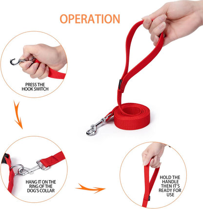 Strong Durable Nylon Dog Training Leash, 1 Inch Wide Traction Rope, 6 ft 10ft 15ft Long, for Small and Medium Dog (Red, 6 Feet)