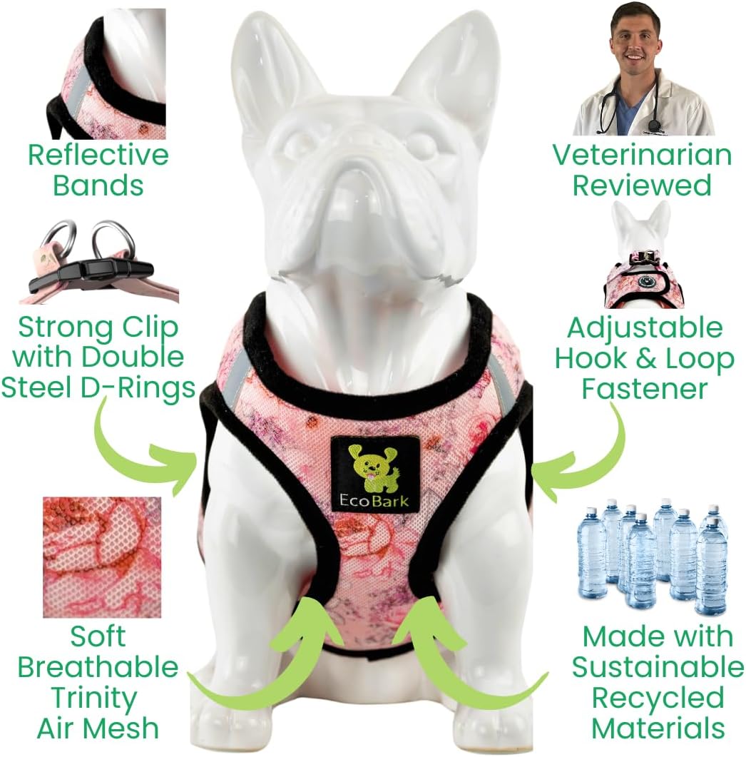 EcoBark Step in Dog Harness - Eco-Friendly Teacup Dog Harnesses for XXS, XS, and Small Dogs - Reflective and Adjustable Mini Body Halter -Tiny Soft Mesh Toy Breed Vest Under 5 lbs (Floral, XXS)