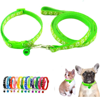 Puppy Collars Leash Set for Litter with Bell, Nylon Basic Reflective Cat Collar Paw Print for XXS Xs Small Dog Pet Animal Tiny Kitten Boy Girls, Bright Green