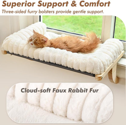Cloud-Soft Cat Window Sill Perch with Zipper Designed Cushioned Bed, Supportive Cat Window Seat with Premium Solid Wood & Sturdy Metal Frame, Pet Hammock Bed for Large Cats (Medium, White)