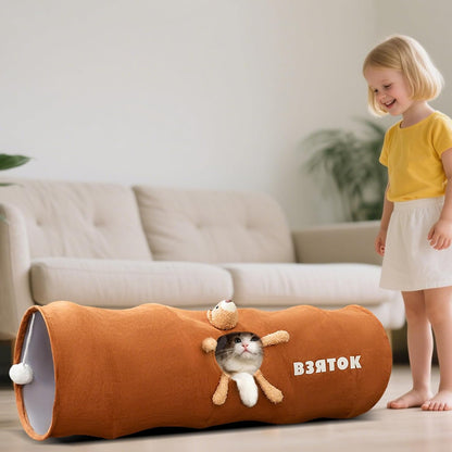 Cat Tunnels for Indoor Cats, Collapsible Pet Play Tube with Cat Toys and One Peek Hole, Pet Hideout Hideaway for Cats, Kittens, Bunny Rabbits, Ferrets, Puppy,Brown,S