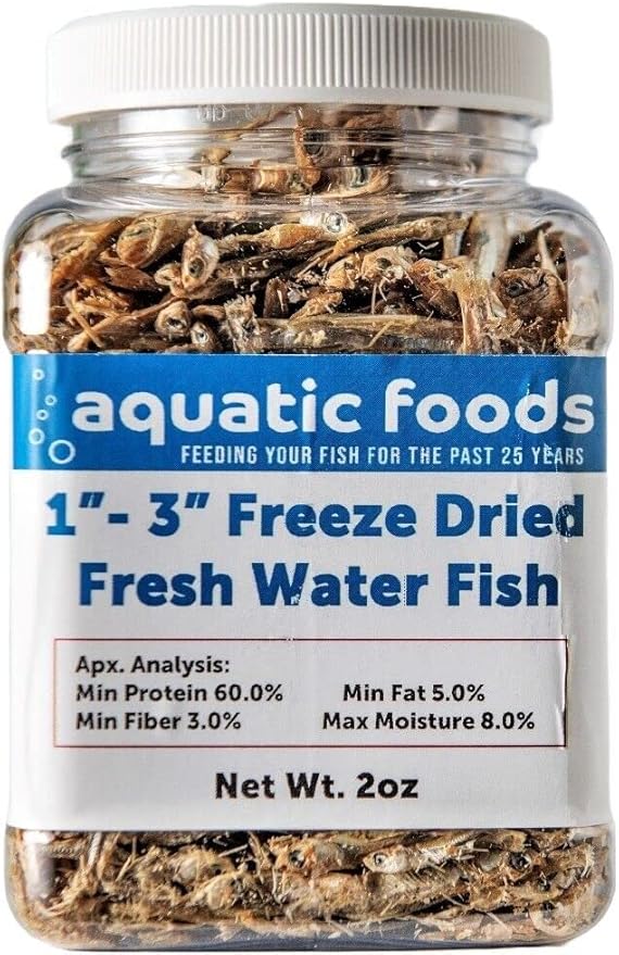 Aquatic Foods Inc. 1"- 3" Fresh Water Freeze Dried Fish for Piranha, Large Fish, Turtles, Cats, Sugar Glider, Marmosets, Chinchillas, Squirrels, Hamsters…2oz Small Jar