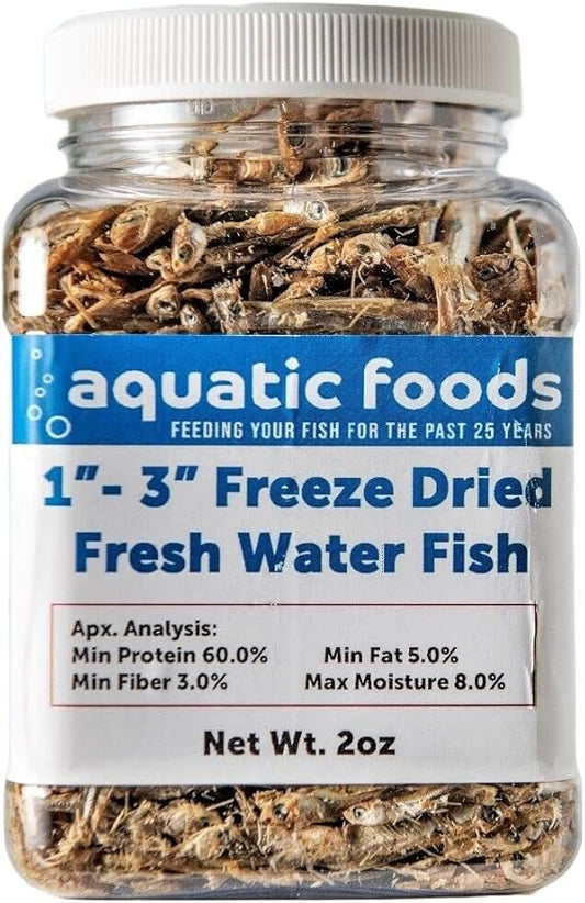 Aquatic Foods Inc. 1"- 3" Fresh Water Freeze Dried Fish for Piranha, Large Fish, Turtles, Cats, Sugar Glider, Marmosets, Chinchillas, Squirrels, Hamsters…2oz Small Jar