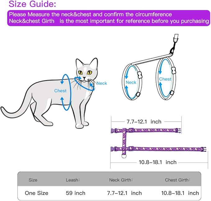 Cat Harness and Leash Set Gold Moons Soft Nylon Escape Proof Adjustable for Kittens Small Animals Glow in The Dark(Purple)