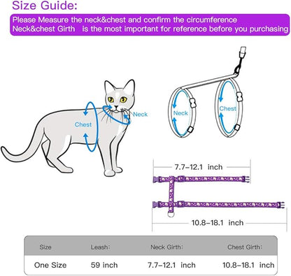 Cat Harness and Leash Set Gold Moons Soft Nylon Escape Proof Adjustable for Kittens Small Animals Glow in The Dark(Purple)
