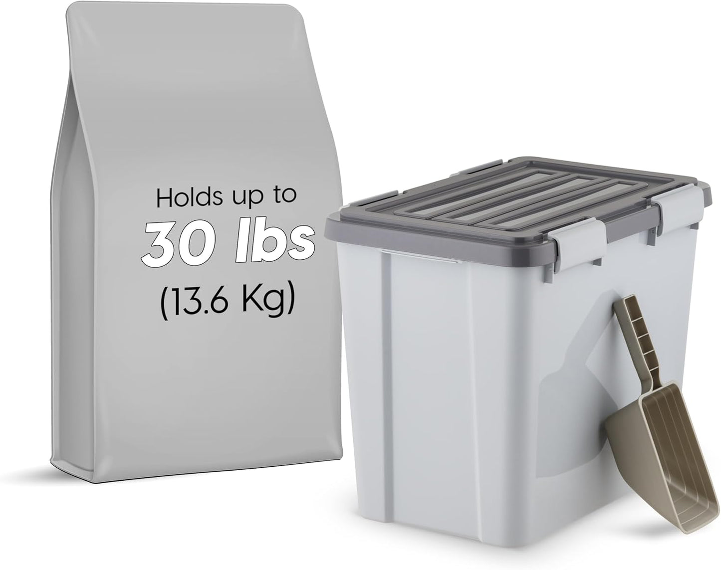IRIS USA Stackable Dog Food Storage Container with 2 Cup Scoop, 4 Secure Latches, Fits up to 30 lbs, Pet Dry Food Bin, Gasket Seal Lid, BPA Free, Stackable, Easy Measure, Gray/Dark Gray