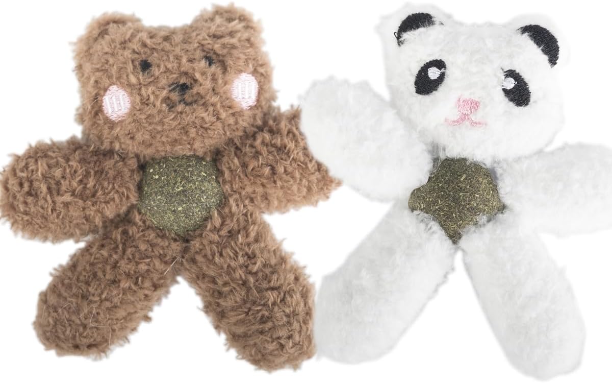 Cat Toys with Catnip Kitten Chew Bite Supplies Boredom Relief Fluffy Kitty Teeth Cleaning Chewing Cat Lovers Interactive Plush Gift (Panda&Bear)