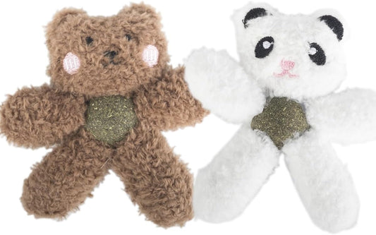 Cat Toys with Catnip Kitten Chew Bite Supplies Boredom Relief Fluffy Kitty Teeth Cleaning Chewing Cat Lovers Interactive Plush Gift (Panda&Bear)