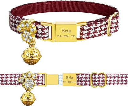 Personalized Breakaway Cat Collars - Magnetic Buckle, Bell - Safety Quick Release, Customized for Girls & Boys Cats- (Houndstooth-Burgundy)