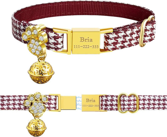 Personalized Breakaway Cat Collars - Magnetic Buckle, Bell - Safety Quick Release, Customized for Girls & Boys Cats- (Houndstooth-Burgundy)