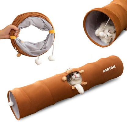 Cat Tunnels for Indoor Cats, Collapsible Pet Play Tube with Cat Toys and One Peek Hole, Pet Hideout Hideaway for Cats, Kittens, Bunny Rabbits, Ferrets, Puppy,Brown,L