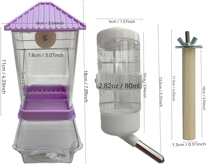 Automatic Bird Feeder for Cage(3ps) No Mess Bird Water Dispenser Clear No Spill Budgie Feeder Cage Accessories for Small Parrots, Cockatiels, Finches, Lovebirds (Purple Pointed tip 003)