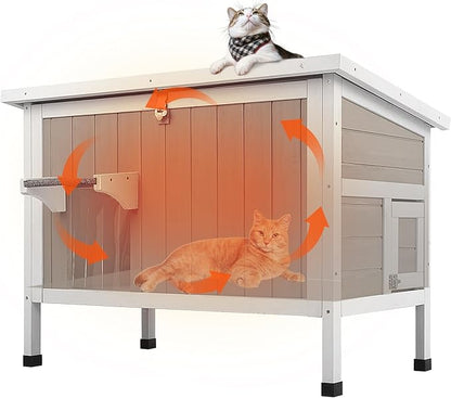 PetsCosset Insulated Cat House Outdoor Weatherproof Feral Cat Shelter for Winter, All-Round Foam Insulation Wooden Pet House for Small Animals with Escape Door,Openable Roof(34.5"L x 21.7"W x 25.6"H)