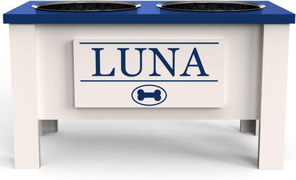 GrooveThis Woodshop - Personalized Elevated Dog Bowl Stand for Large, Medium, Small, X-Small Dogs - Stainless Steel Food and Water Bowls - Raised Dog Dish with Internal Storage (Large, Blue)