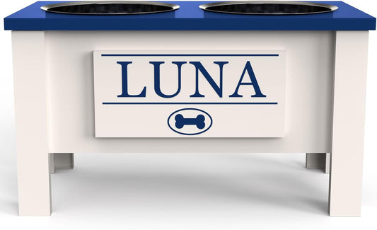 GrooveThis Woodshop - Personalized Elevated Dog Bowl Stand for Large, Medium, Small, X-Small Dogs - Stainless Steel Food and Water Bowls - Raised Dog Dish with Internal Storage (Large, Blue)