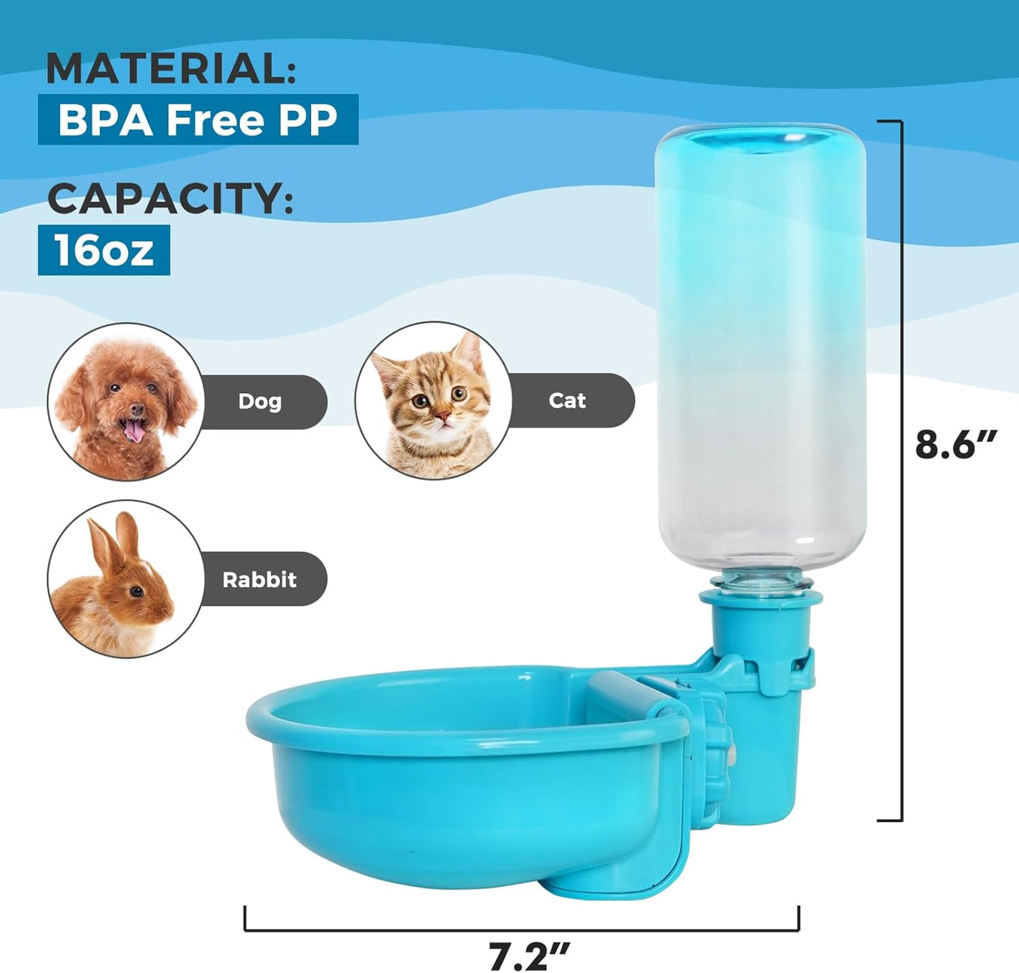 VANNON 16oz Pet Water Bottle, Gravity Dog Water Bowl Dispenser for Cage, Anti-Overflow Water Dispenser for Small Dogs, Cats, Rabbits and Other Small Animals, BPA Free, Gradient Blue