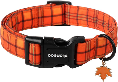 DOGWONG Fall Orange Plaid Dog Collar- Cute Designer Fall Checkered Dog Collars Adjustable Halloween Dog Collar for Small Medium Large Dogs XS