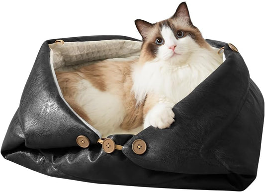 Cat Beds for Indoor Cats Dog Bed for Small Dogs 5 in 1 Function - Leather Mats Bed Cave Pillow Pad for Puppy & Kitten Four-Season 27.5 * 35.4inch Black