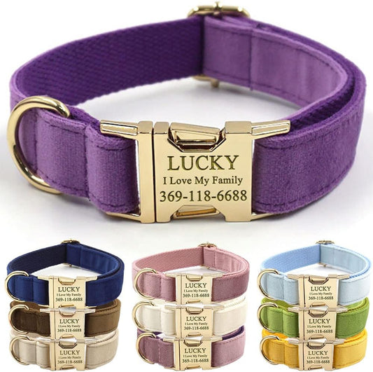 PETDURO Personalized Dog Collar Purple Soft Velvet for Large Medium Small Girl Dogs - Custom Collar with Name Phone Number Engraved on Gold Metal Buckle - Add Matching Leash Bow Set via Customize Now