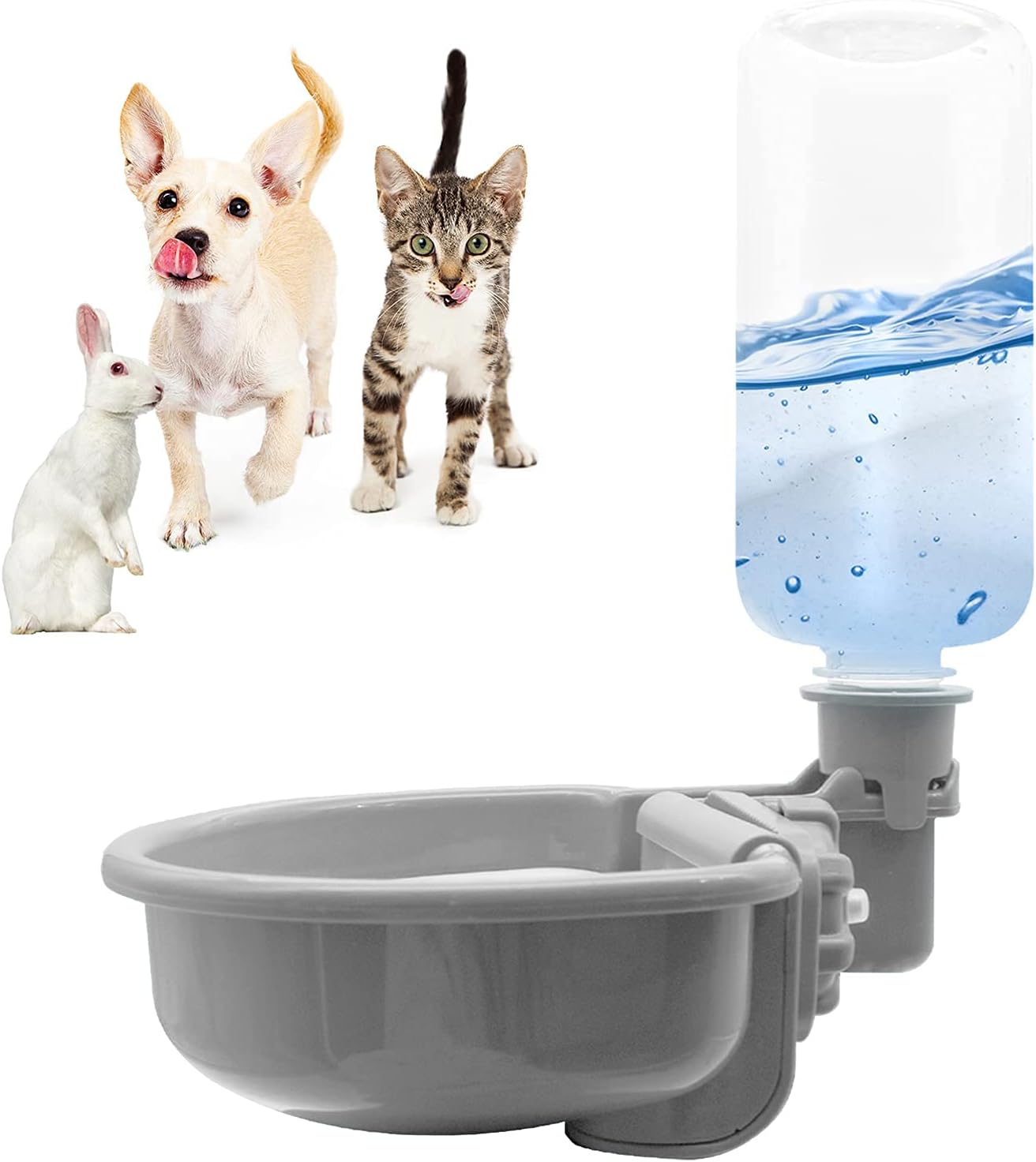 VANNON 16oz Pet Water Bottle, Gravity Dog Water Bowl Dispenser for Cage, Anti-Overflow Water Dispenser for Small Dogs, Cats, Rabbits and Other Small Animals, BPA Free, Grey