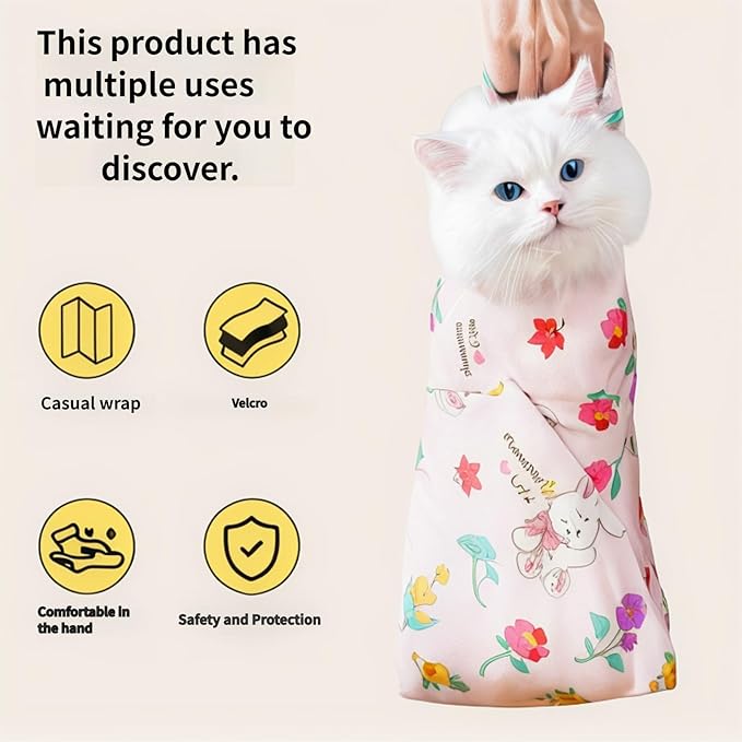 Cat Swaddle Wrap, PurrfectWrap - Soft Breathable Pink Cat Wrapping Blanket for Calming Anxious Cats, Grooming, Nail Trimming and Cuddling (27.6inch (Within 15lbs))