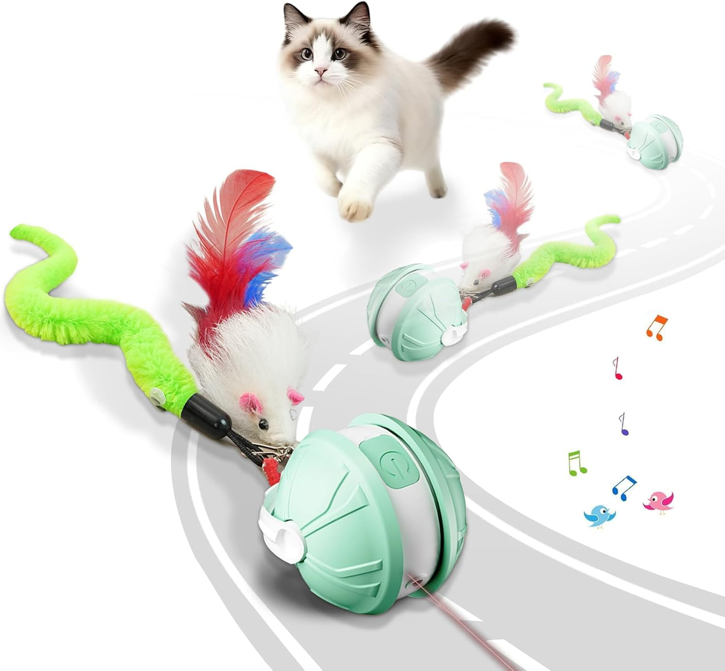 Interactive Cat Toy Ball - 2-in-1 Indoor Cat Toy with Feather Attachment and Laser Interactive Cats Balls, Moving Electric Rolling Ball Toys Designed for Bored Kittens and Adult Cats