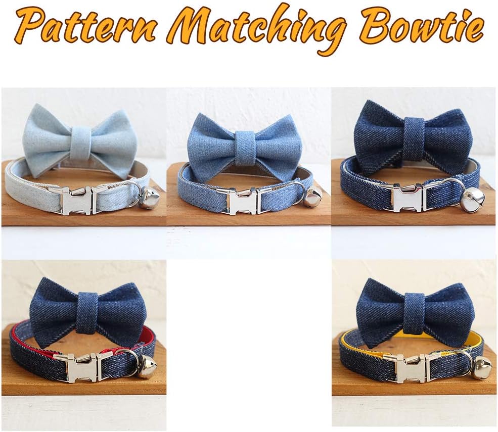 Personalized Cat Collar with Name Plate,Adjustable Tough Nylon Cat ID Collars with Bell,Customize Engraved Pet Name and Phone Number (Jean Style)