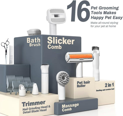 Bunfly Dog Grooming Kit,13000Pa Strong Grooming & Vacuum Suction 99.99% Pet Hair, 16 Pet Grooming Tools for Dogs Cats, 3L Large Capacity Dust Cup, Quiet Pet Vacuum Groomer (Silver & White)