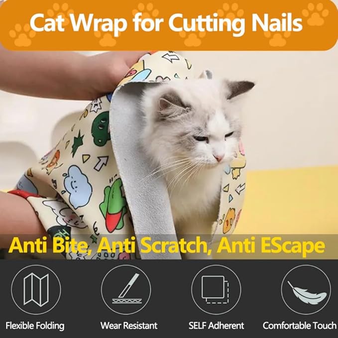 Magic Cat Wrap for Cutting Nails & Grooming, Self Adherent Fabric Wrap for Cats, Multi Functional Pet Grooming Towel Blanket, Wrap Snug and Groom for Cats, 17.7in, Under 9 Ibs