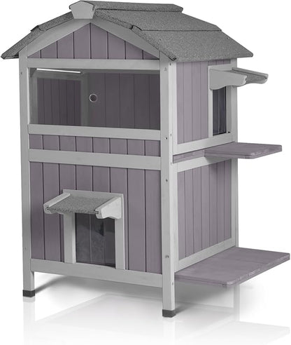 GUTINNEEN Outdoor Cat House Weatherproof Feral Cat Shelter with Escape Doors - 2-Story（AIR94）