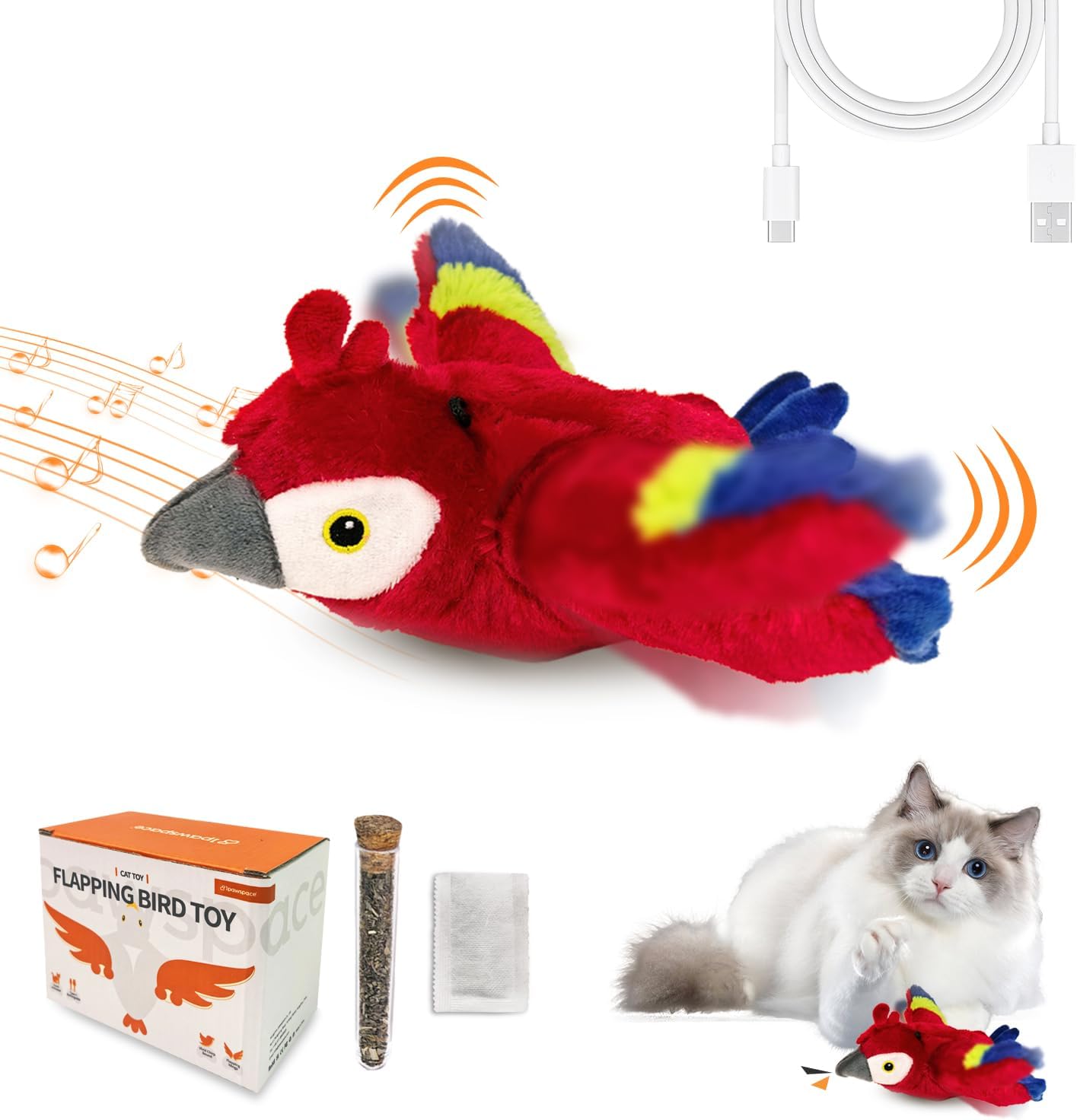 Interactive Flapping Bird Cat Toy with Catnip, Touch Activated Rechargeable, Musical Sound (can Turn Off), Satisfy Cat's Natural Huting Instinct, Soft Plush Washable Cover (Red)