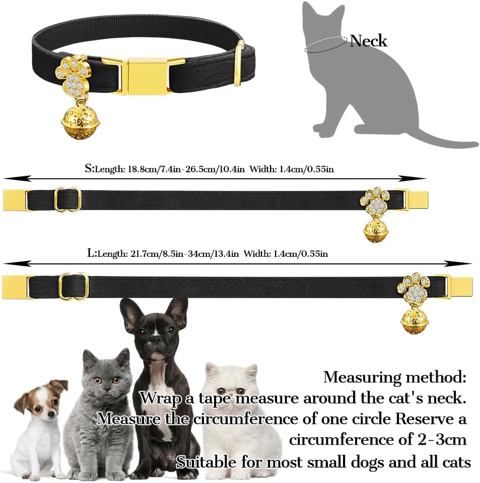 Personalized Breakaway Cat Collars - Magnetic Buckle, Bell - Safety Quick Release, Customized for Girls & Boys Cats- (Velvet-Black)