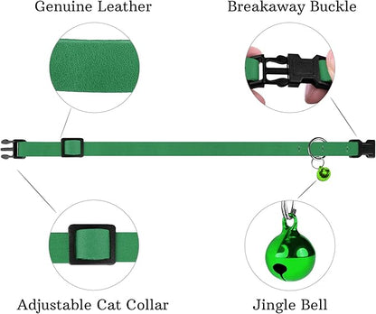Breakaway Cat Collar Leather with Removable Bell - 13 Colors Available - Soft Adjustable Girl Boy Safety Lightweight Pet Kitten Collars Pink Brown Blue Green Red Orange Black (Green)