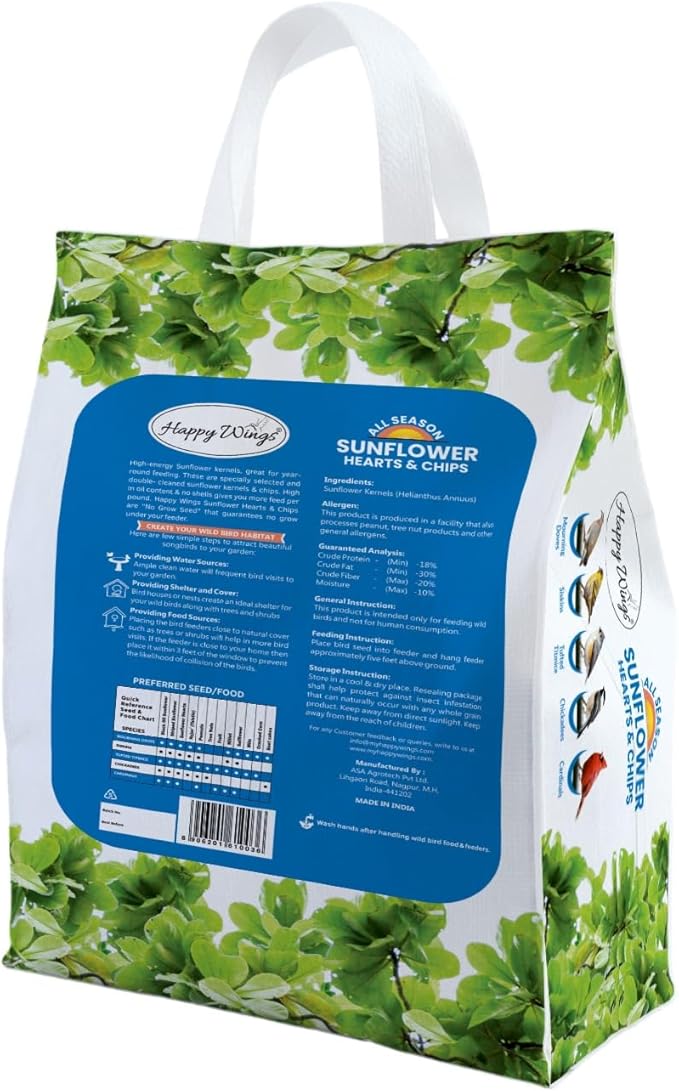 Happy Wings Sunflower Hearts & Chips Bird Food 15 lbs No Mess, No Waste Seed No Grow Formula Ideal for Wild Birds, Finches, Sparrows, and Year-Round Feeding.