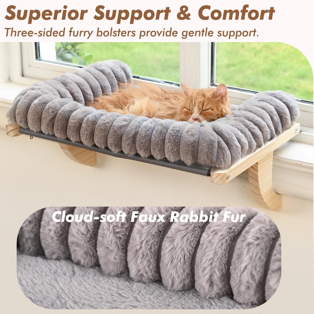 Cloud-Soft Cat Window Sill Perch with Zipper Designed Cushioned Bed, Supportive Cat Window Seat with Premium Solid Wood & Sturdy Metal Frame, Pet Hammock Bed for Large Cats (Medium, Gray)