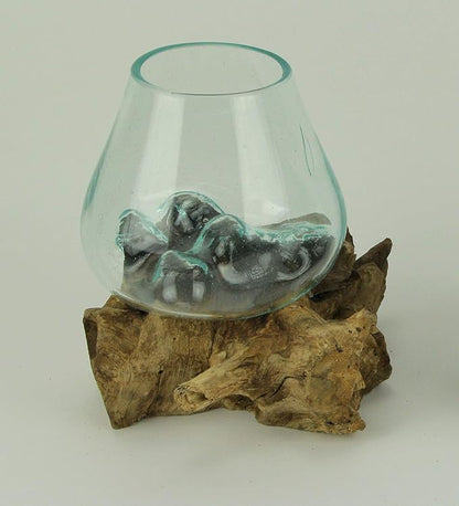 Clear Molten Glass On Teak Driftwood Base Decorative Bowl Vase Terrarium Planter