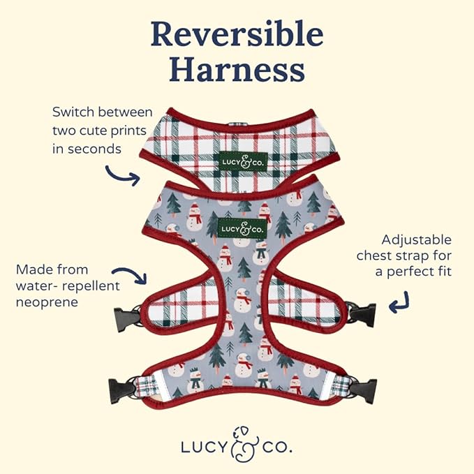 Lucy & Co. Cute Reversible Dog Harness Walking Halter - Best Designer Pet Harnesses for XS - XL Dogs - Padded Adjustable Vest for Easy Walking-XLarge-Gray & White Snowman