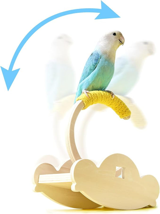 Wooden Bird Perch Stand with Cotton Rope - Enrichment Interactive Spinning Swing Perch for Cockatiels Conures Lovebirds Parrotlets Budgies - Yellow