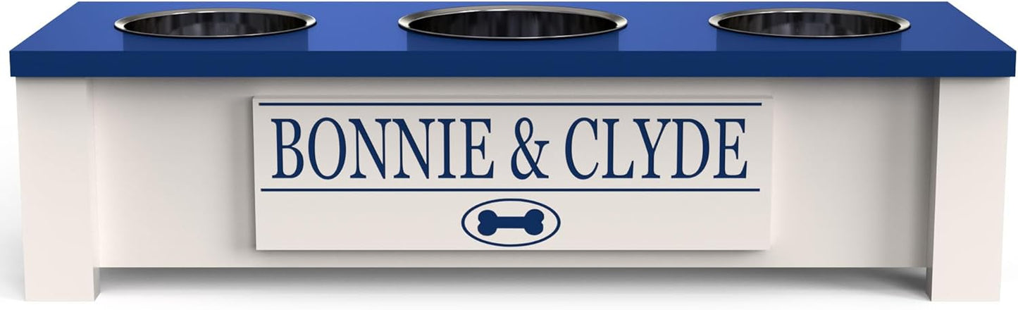 GrooveThis Woodshop - Personalized Elevated Triple Dog Bowl Stand for Large, Medium, Small, X-Small Dogs - 3 Stainless Steel Food and Water Bowls - Raised Dog Dish with Internal Storage (Small, Blue)