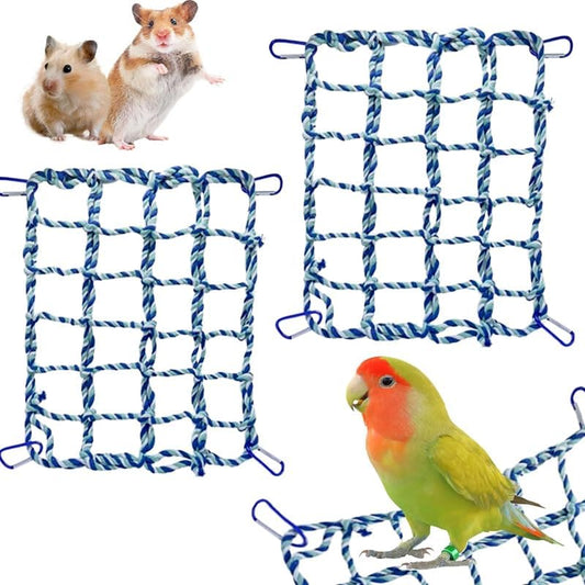 2 Pcs Rat Climbing Ropes for Cage - Rat Accessories - 12.6 x 9.84 inch Hammock - Cotton Rope Bridge - Bird Ladder with 4 Silver Hooks (Blue)