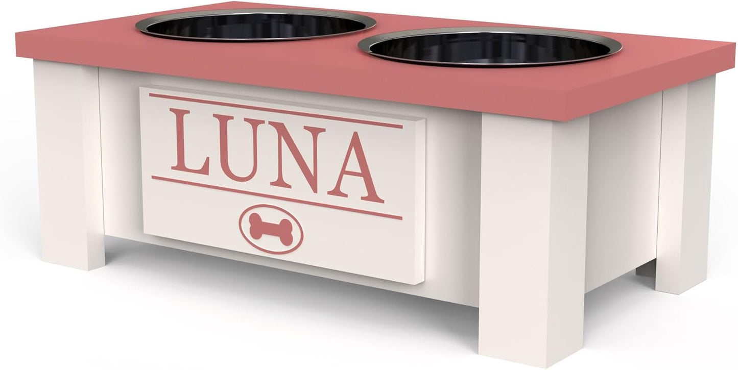 GrooveThis Woodshop - Personalized Elevated Dog Bowl Stand for Large, Medium, Small, X-Small Dogs - Stainless Steel Food and Water Bowls - Raised Dog Dish with Internal Storage (Small, Magenta)