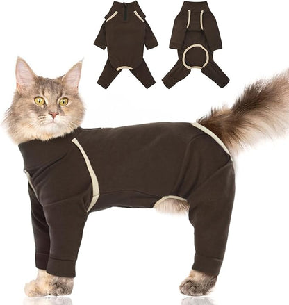 Coffee XXL Cat Recovery Pajamas - Long Sleeve, Prevents Hair Loss, Ideal for Post-Surgery Female Cats
